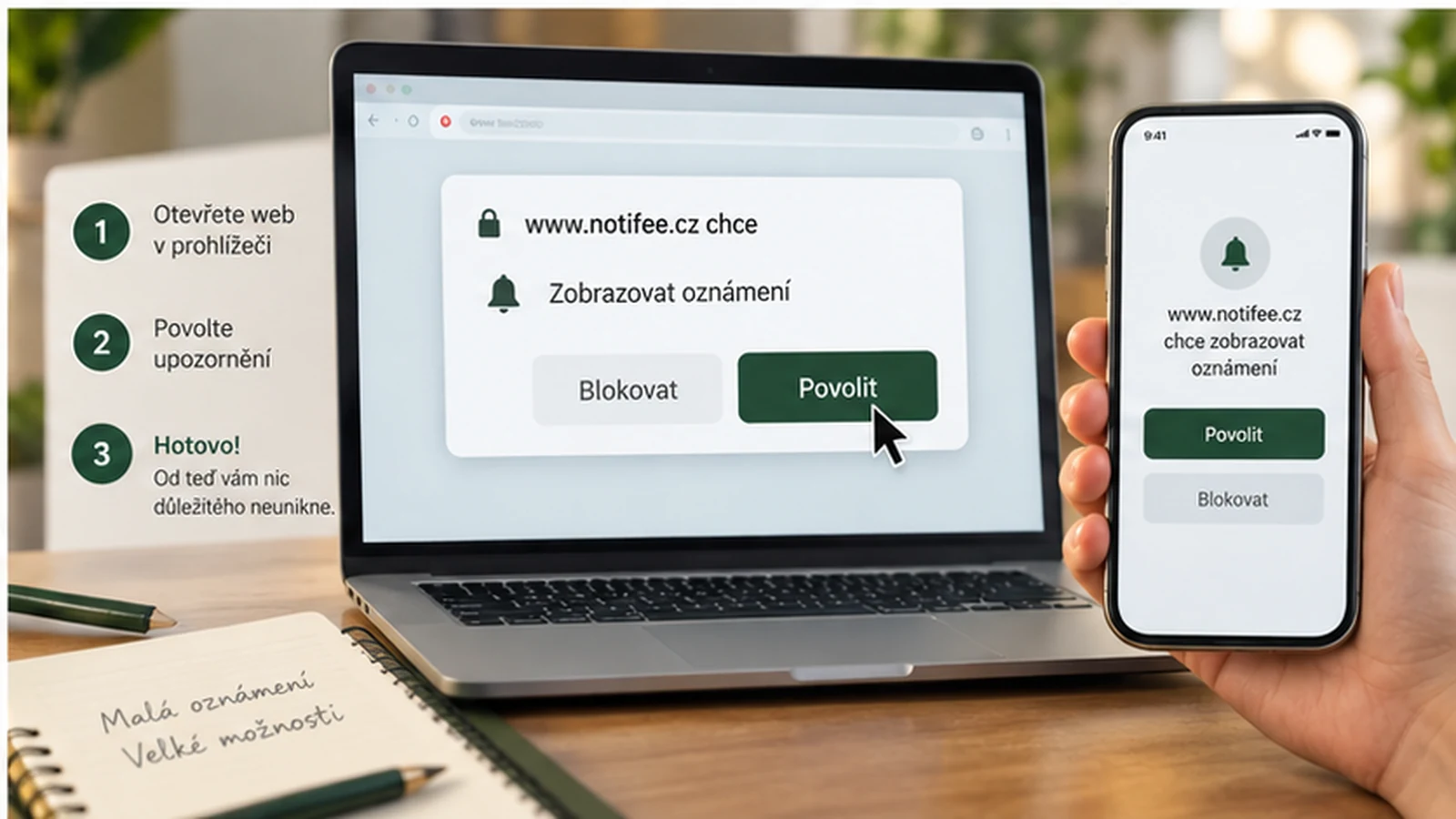 Povolenie webových notifikácií v prehliadači na notebooku a telefóne