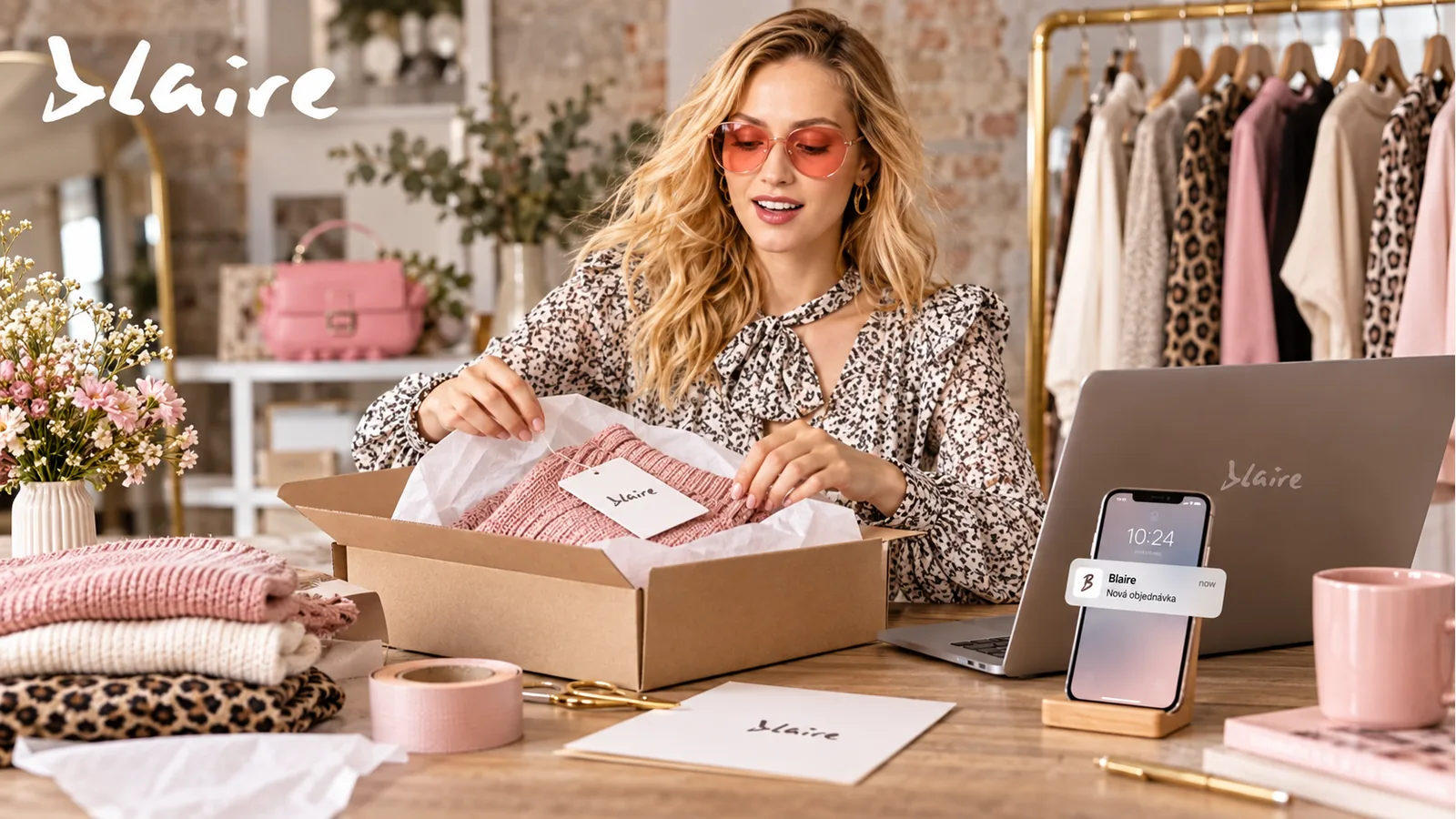 Majiteľ módneho e-shopu balí šaty vedľa notebooku a telefónu