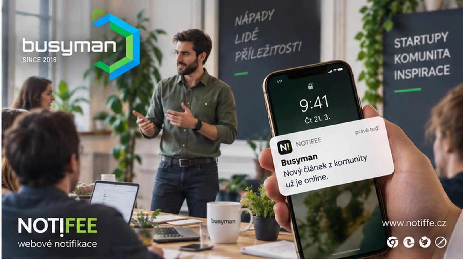 Startup komunita zaneprázdnený muž a telefón s oznámením novej akcie