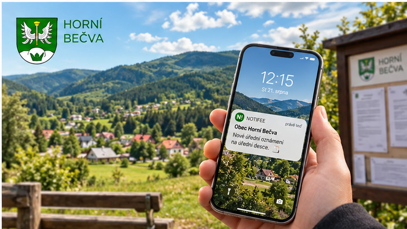 Horná Bečva v Beskydoch a telefón s oficiálnym oznámením obce