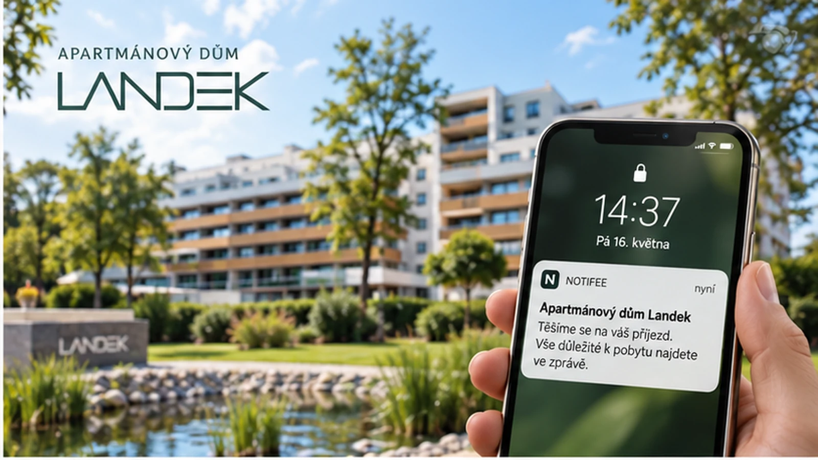 Apartmánový dom Landek a telefón s oznámením hosťa