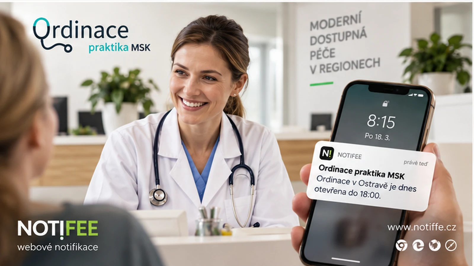 Kancelária Practice a telefón s oznamom o otváracích hodinách