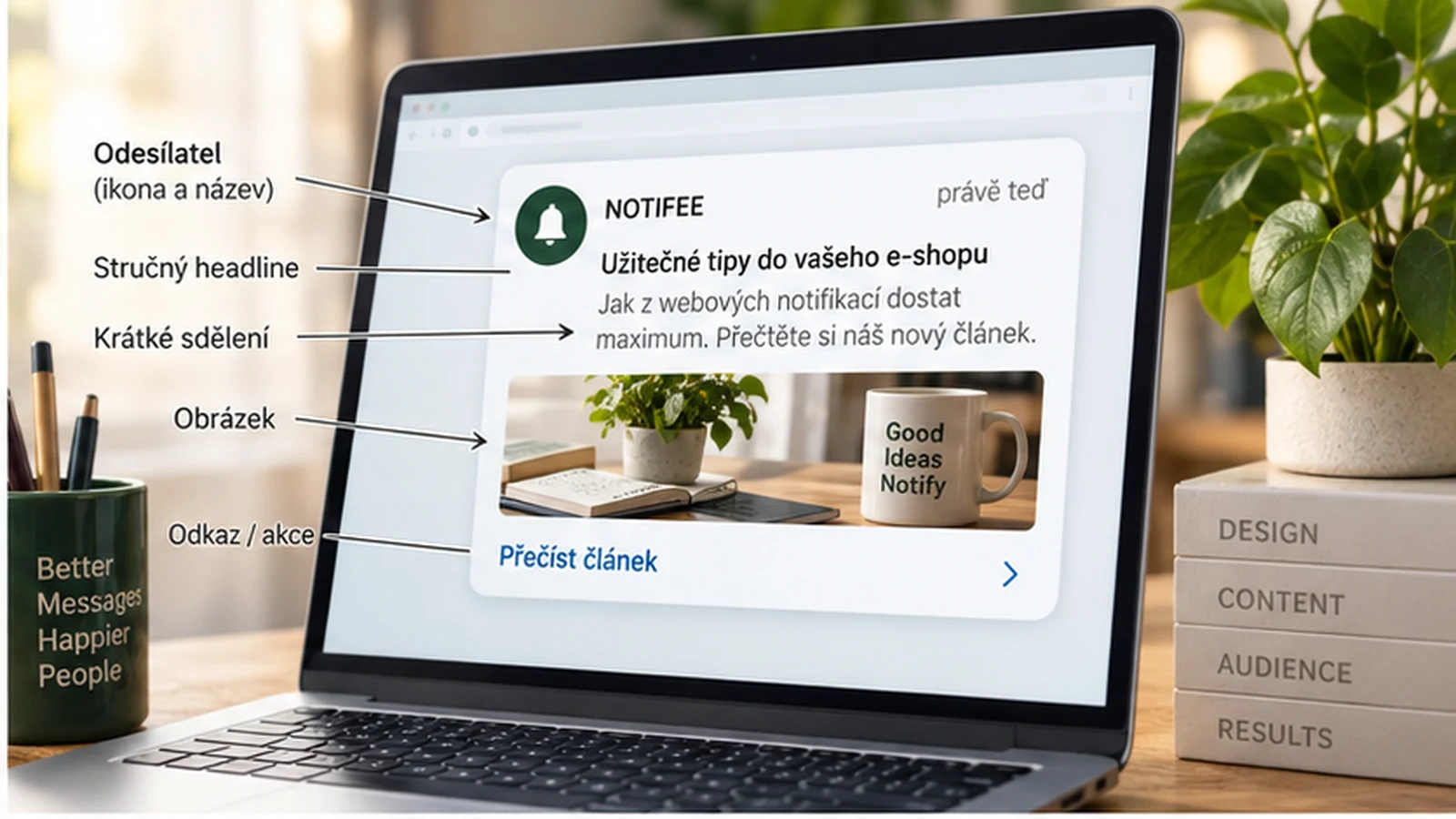 webové notifikácie v členení podľa popísaných odosielateľov, názvu, textu, obrázku a odkazu