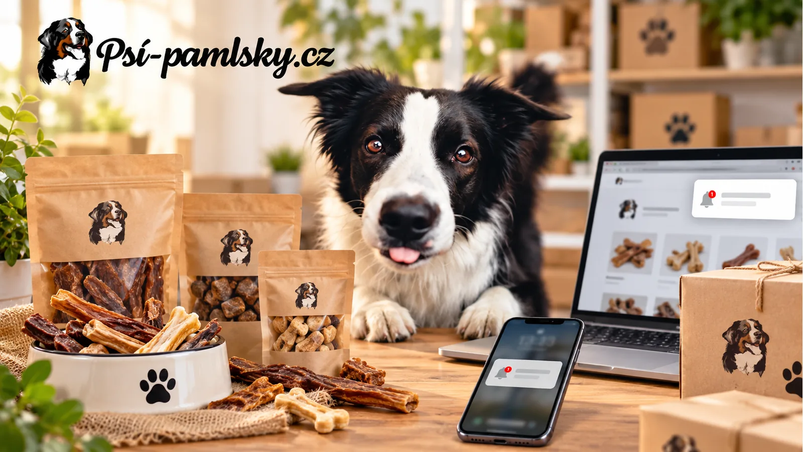 Pes, balíky ošemetných prípravkov a zariadení s webovým oznamom e-shopu Psi-pamlsky.cz