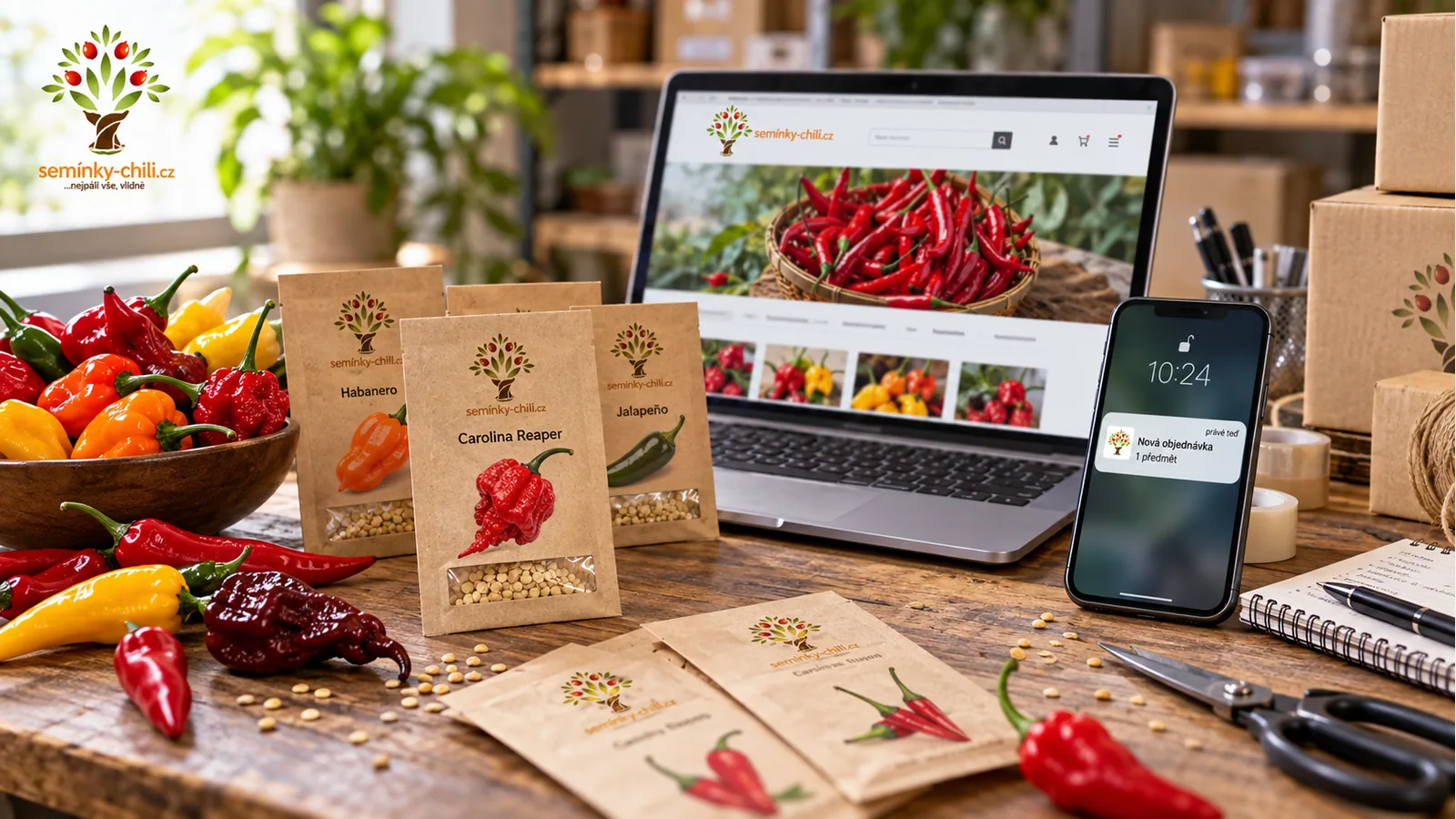 Majiteľ e-shopu pripravuje balíčky semien chili vedľa notebooku