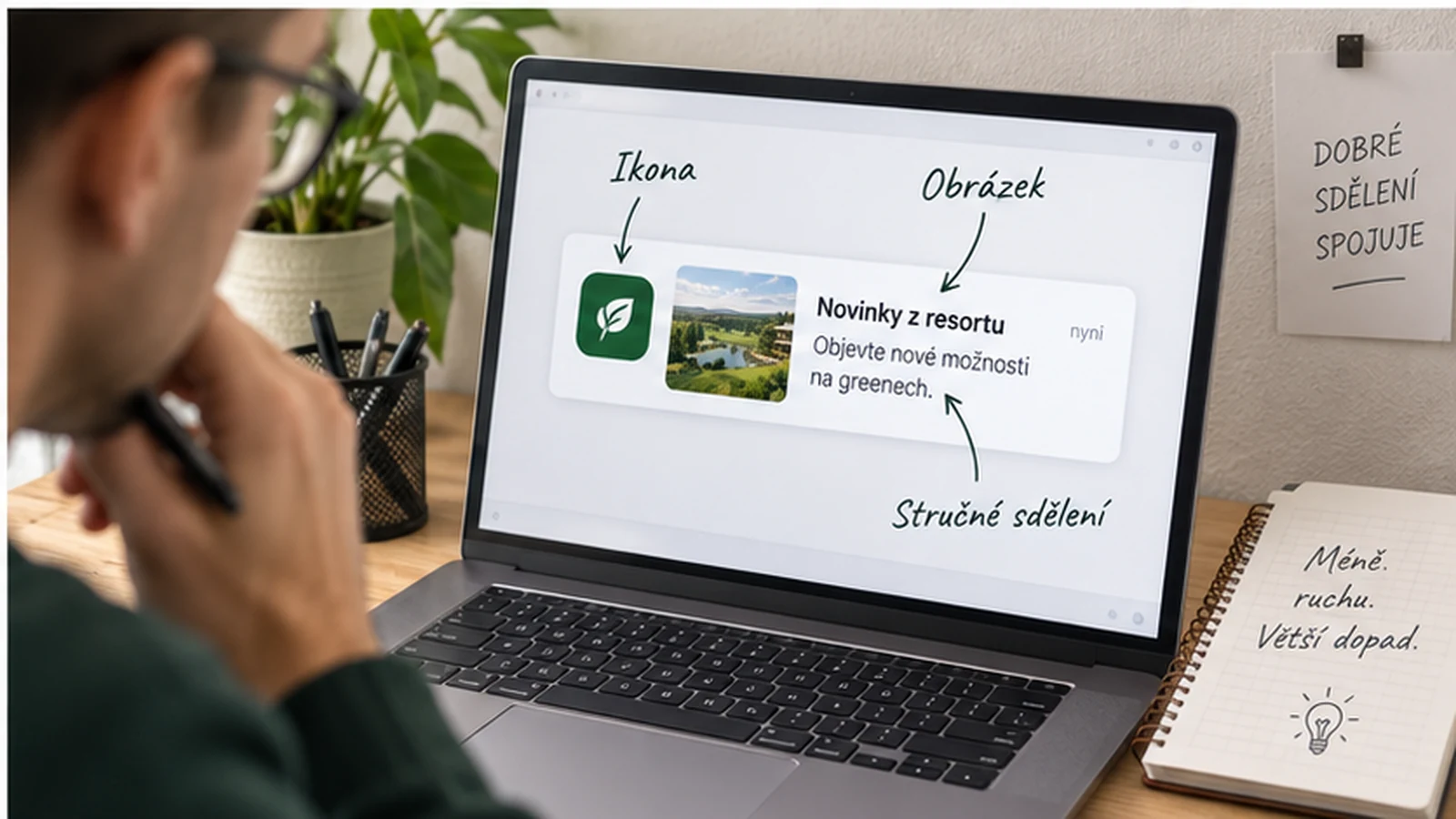 Dizajn webového upozornenia s vyznačenou ikonou, obrázkom a krátkym textom