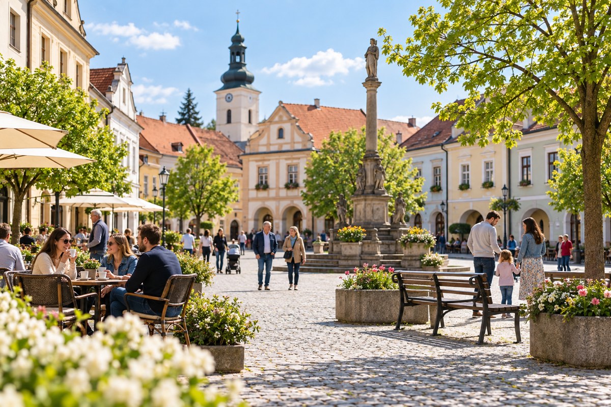 Živé námestie mesta počas slnečného dňa